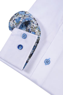 R2 Cut Away Collar Long Sleeved Shirt White with Blue Floral Trim R2