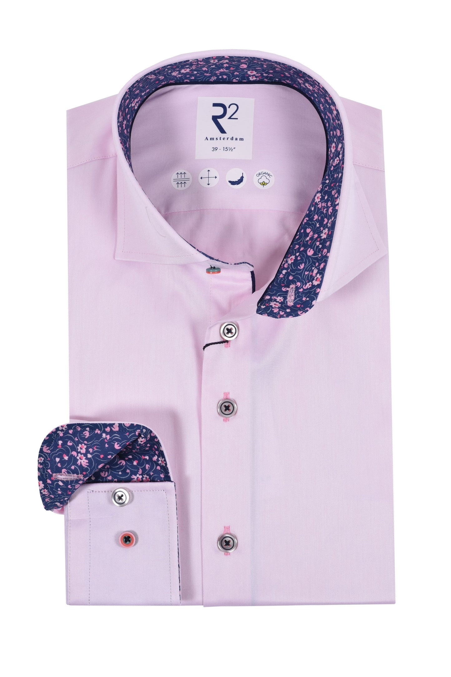 R2 Cut Away Collar Long Sleeved Shirt Pink with Navy Trim