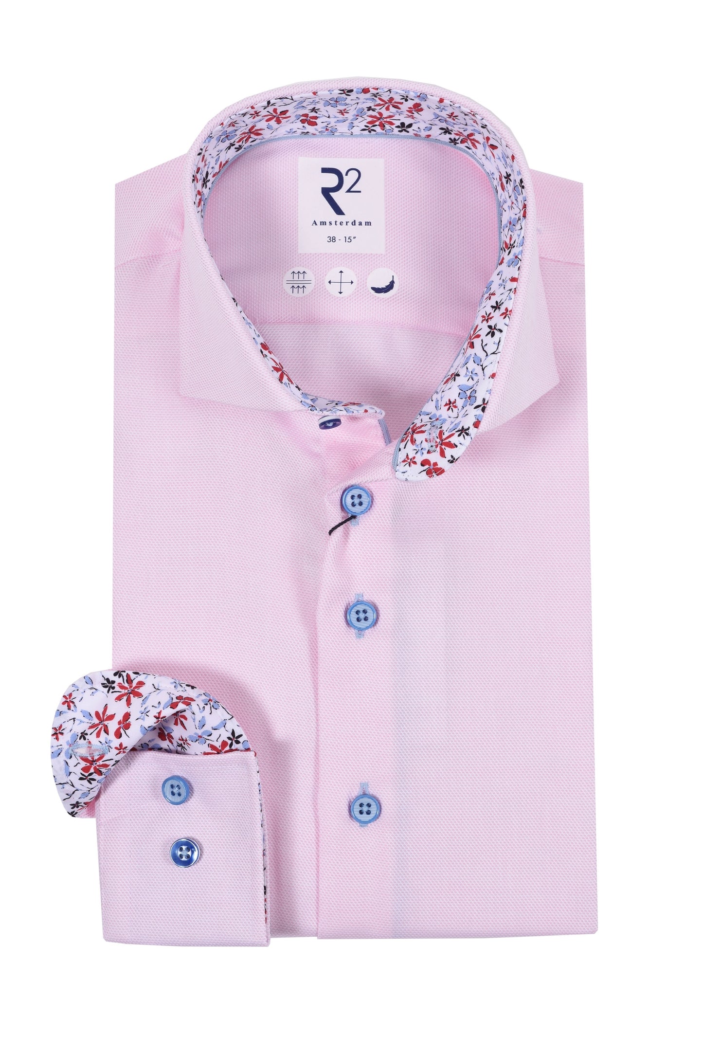 R2 Cut Away Collar Long Sleeved Shirt Pink with Blue Floral Trim