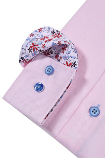 R2 Cut Away Collar Long Sleeved Shirt Pink with Blue Floral Trim R2