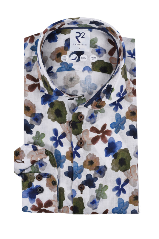 R2 Floral Pattern Long Sleeved Linen Shirt Dark Green