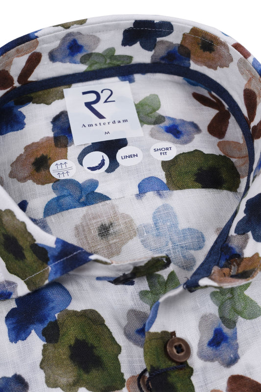 R2 Floral Pattern Long Sleeved Linen Shirt Dark Green