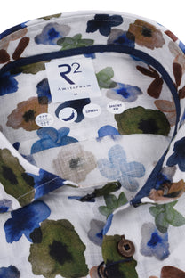 R2 Floral Pattern Long Sleeved Linen Shirt Dark Green R2