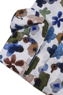 R2 Floral Pattern Long Sleeved Linen Shirt Dark Green R2