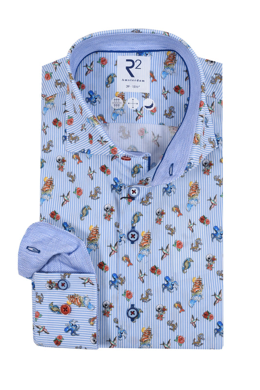 R2 Long Sleeved Cut Away Collar Ocean Print Shirt Light Blue