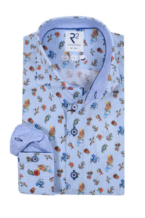 R2 Long Sleeved Cut Away Collar Ocean Print Shirt Light Blue R2