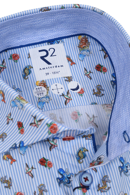 R2 Long Sleeved Cut Away Collar Ocean Print Shirt Light Blue