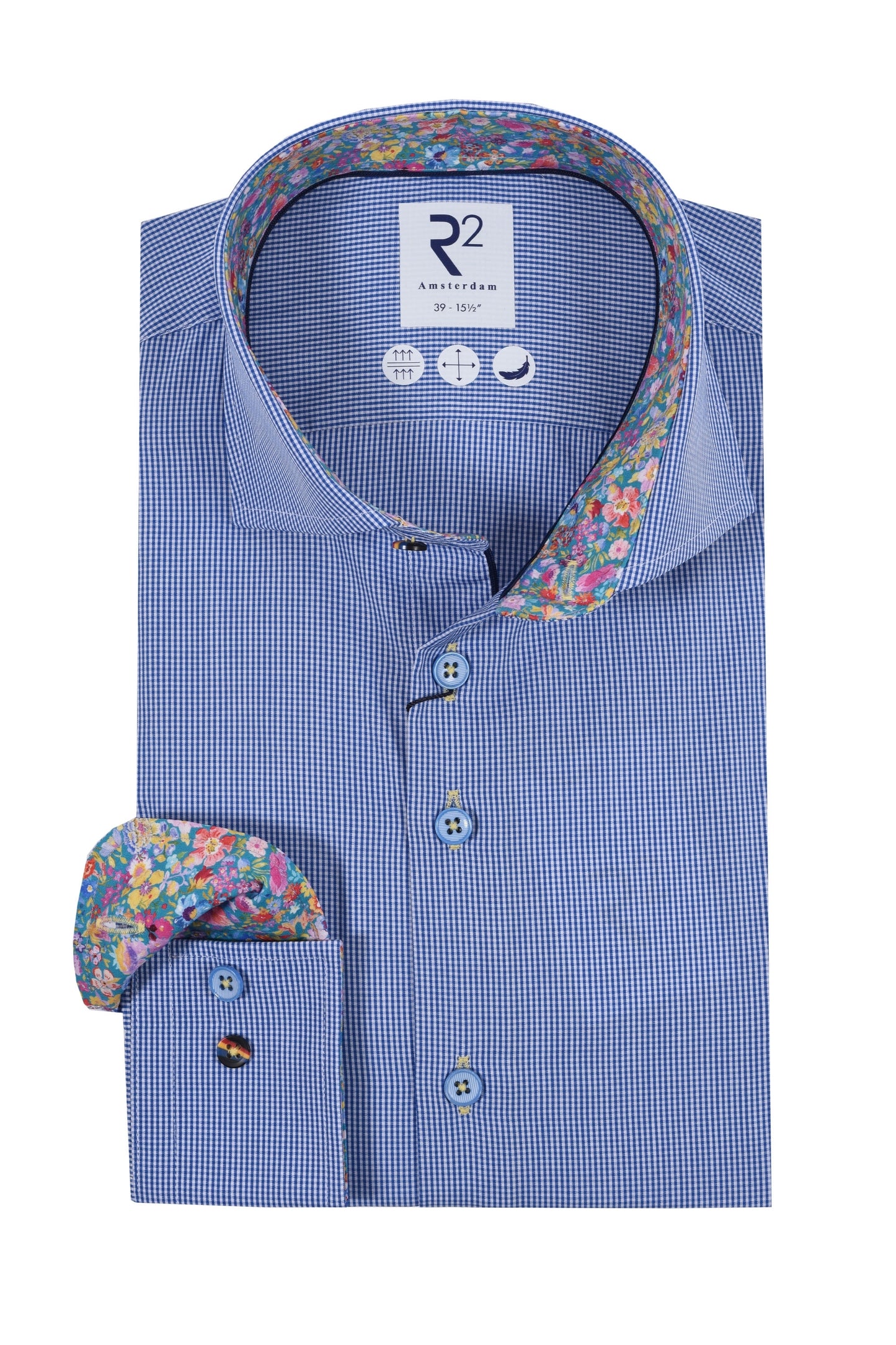 R2 Cut Away Collar Long Sleeved Shirt Blue Check