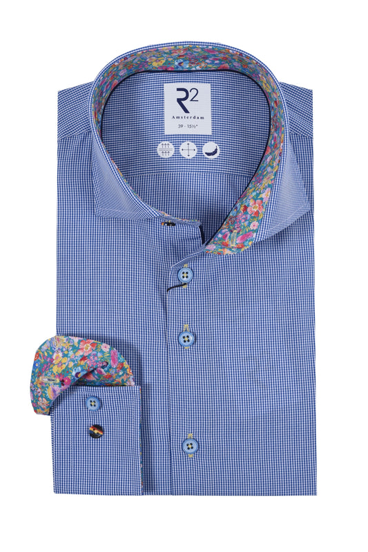 R2 Cut Away Collar Long Sleeved Shirt Blue Check
