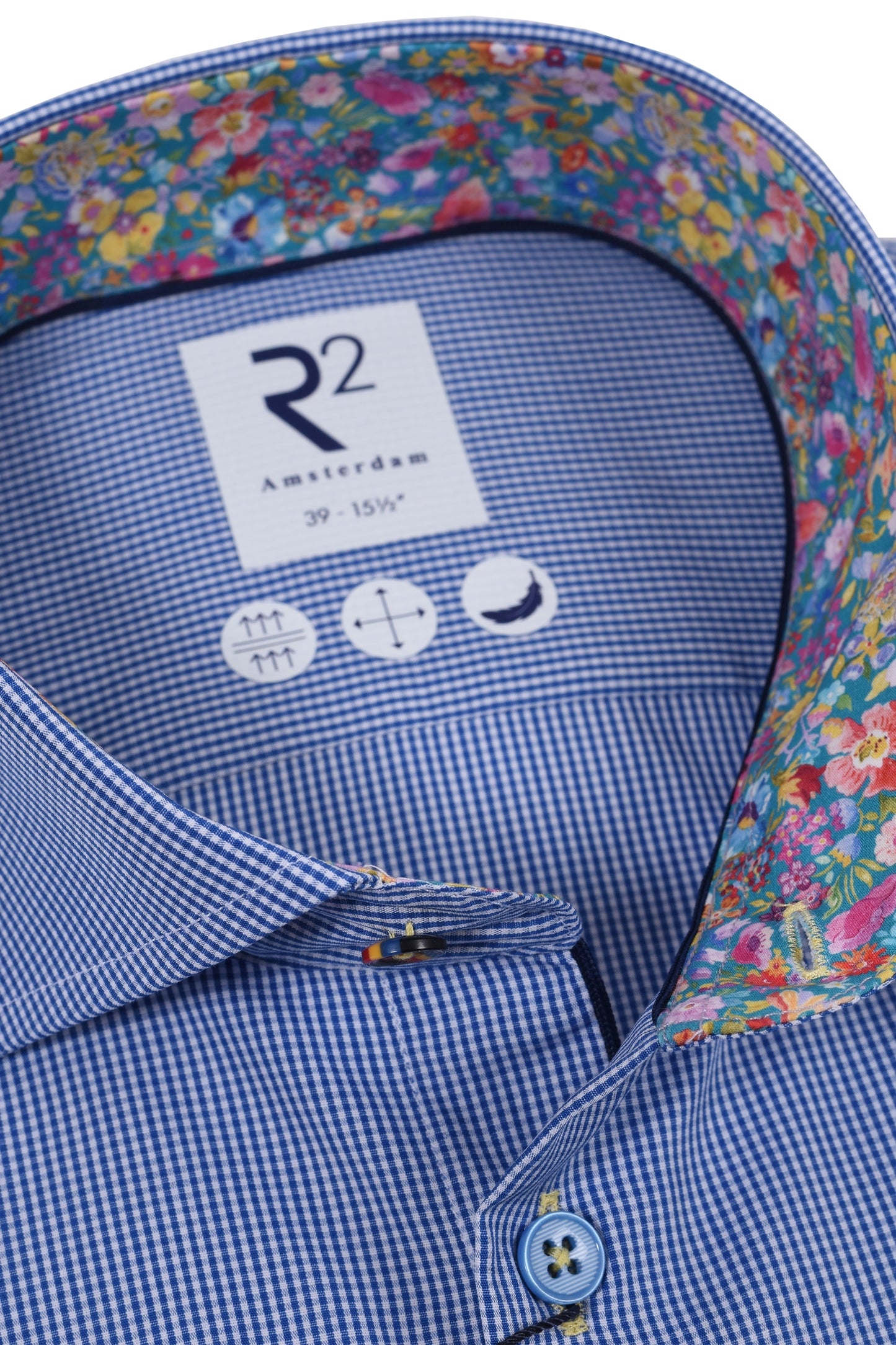 R2 Cut Away Collar Long Sleeved Shirt Blue Check