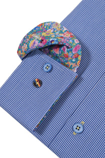 R2 Cut Away Collar Long Sleeved Shirt Blue Check R2