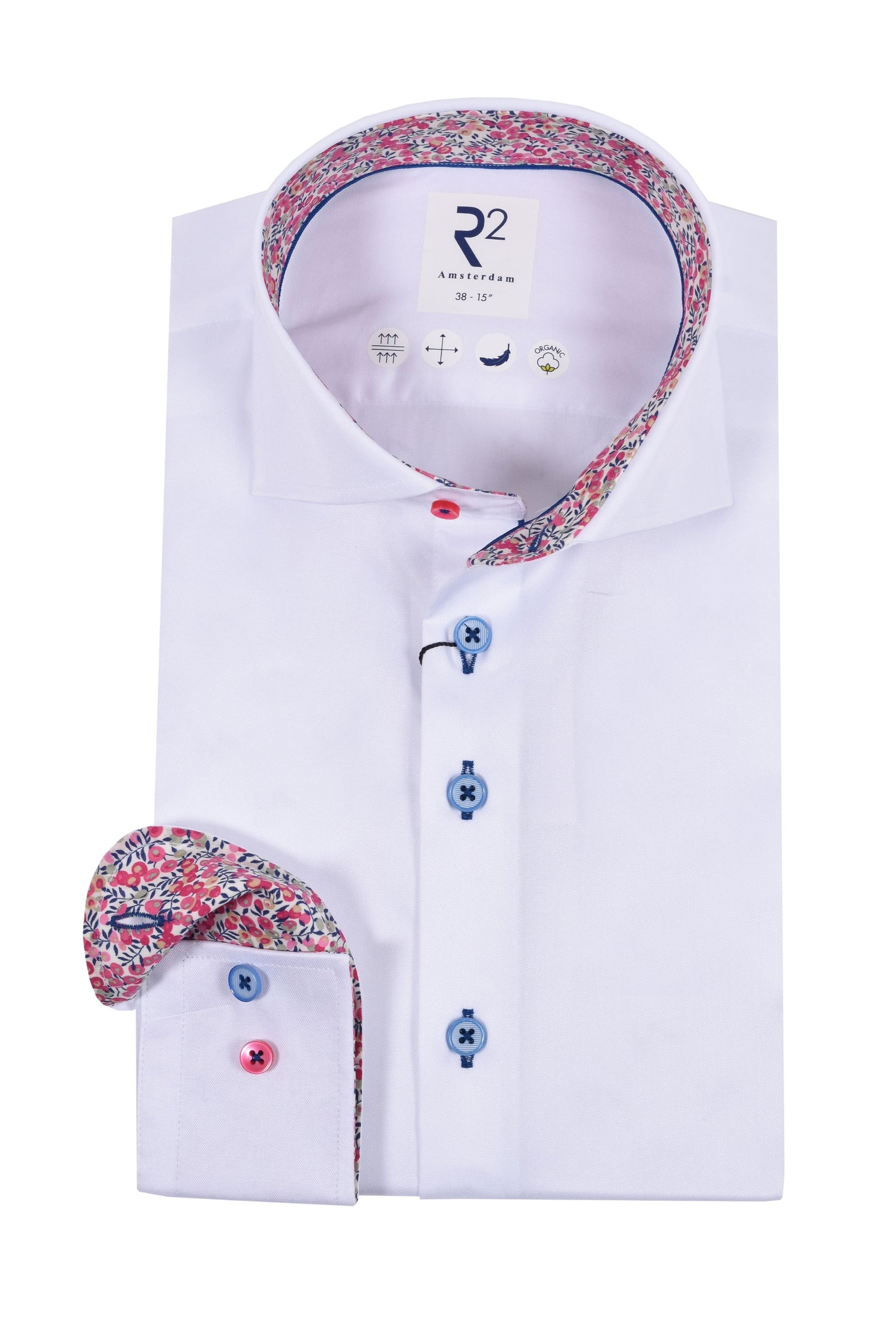 R2 Cut Away Collar Long Sleeved Shirt White with Pink Floral Trim