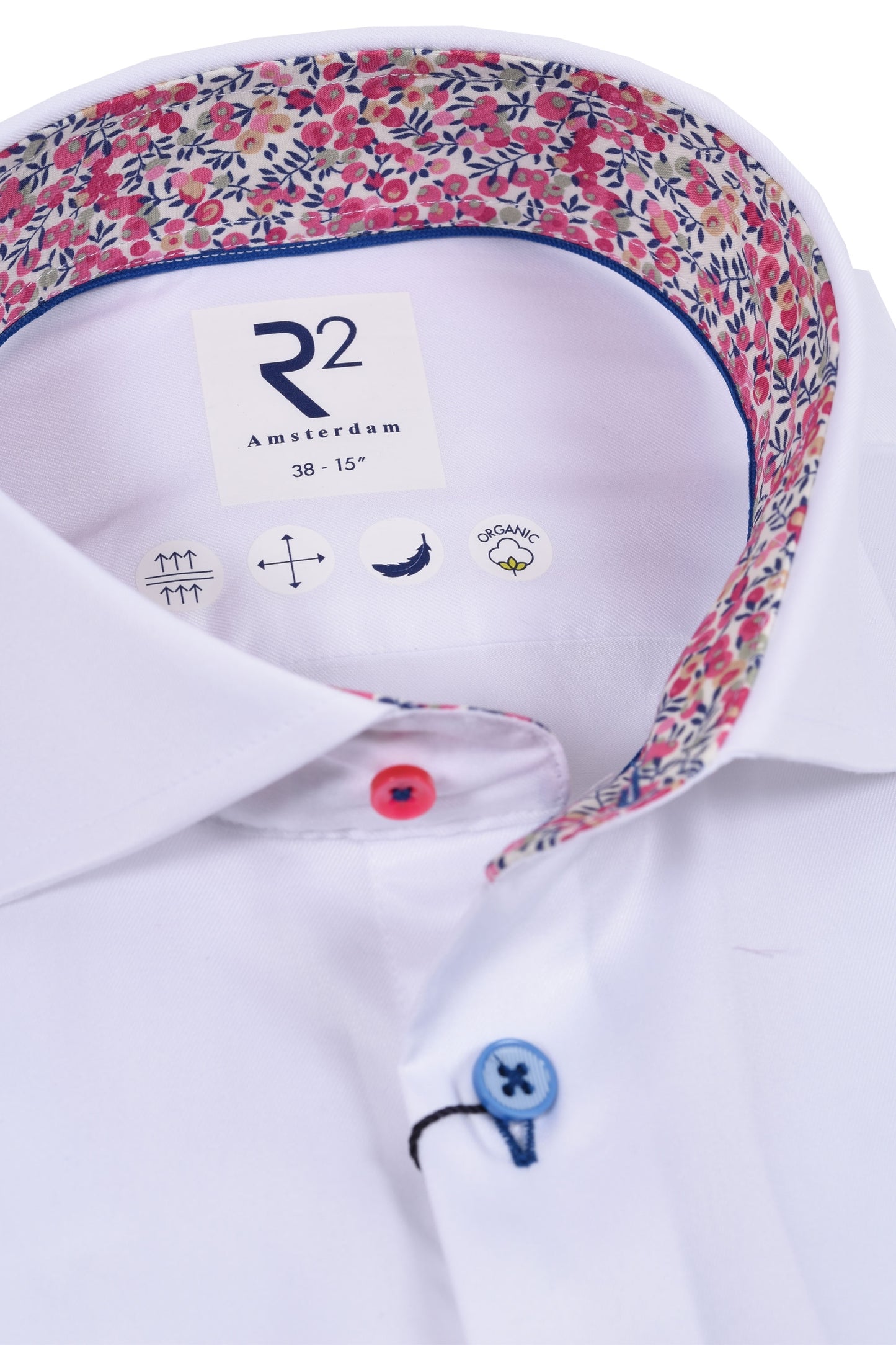 R2 Cut Away Collar Long Sleeved Shirt White with Pink Floral Trim