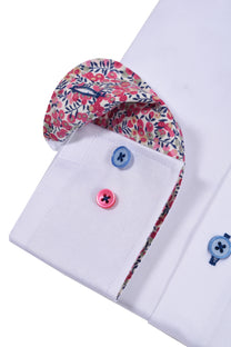 R2 Cut Away Collar Long Sleeved Shirt White with Pink Floral Trim R2
