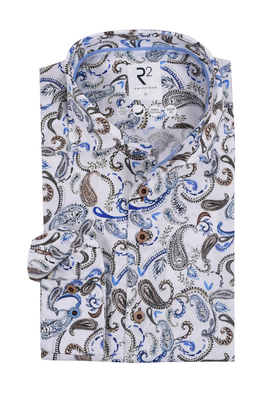R2 Linen Paisley Print Shirt White Patterned