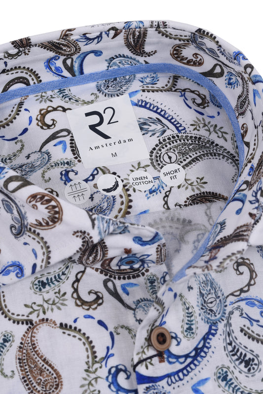 R2 Linen Paisley Print Shirt White Patterned