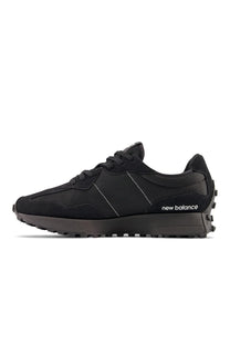 Pair of New Balance all black running shoes textured sole style 327 trainers