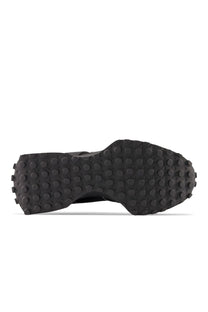 Pair of New Balance all black running shoes textured sole style 327 trainers