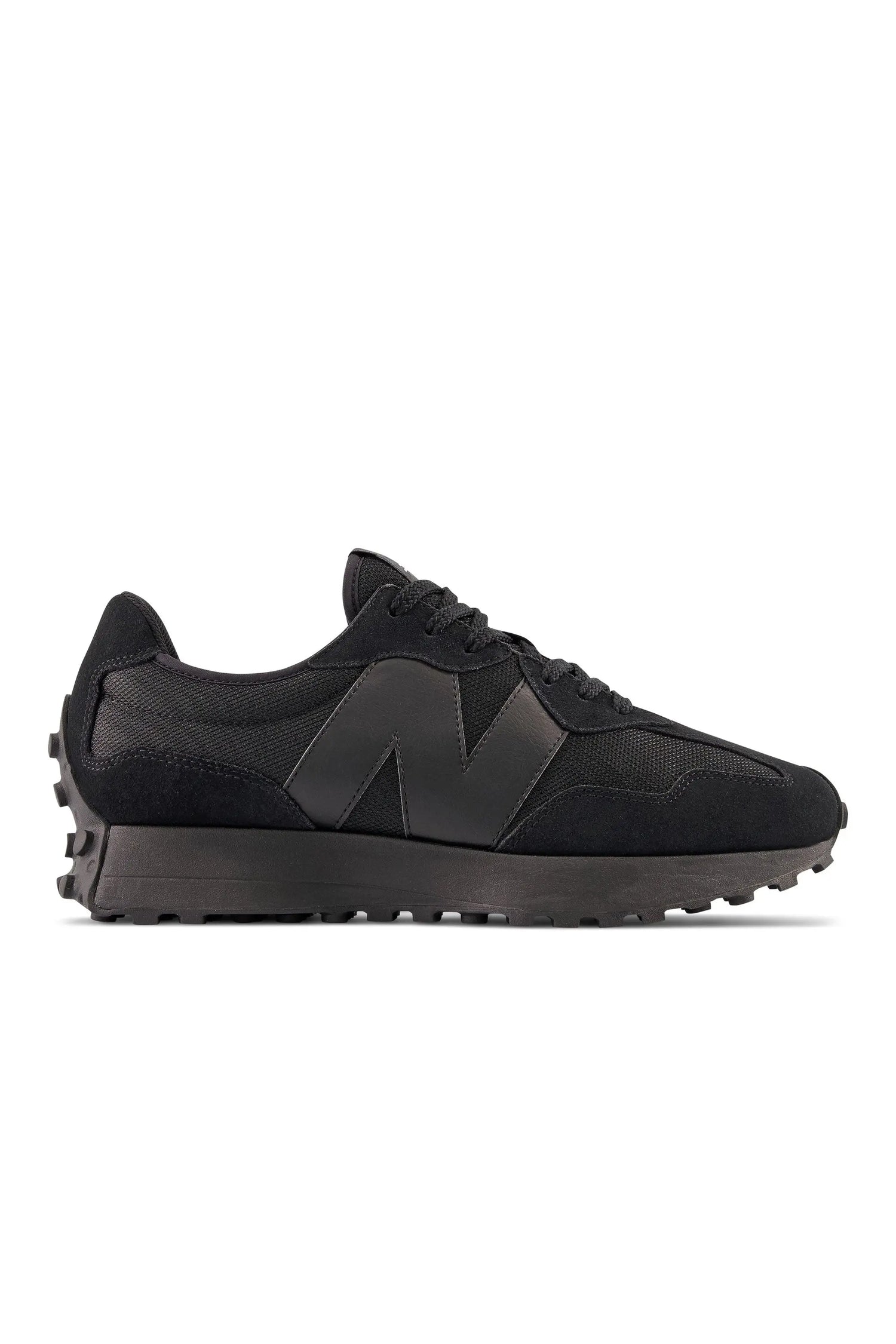 Pair of New Balance all black running shoes textured sole style 327 trainers