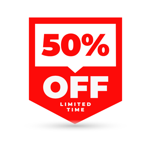 A red and white promotional badge with the text '50% OFF LIMITED TIME' on a light gray background.
