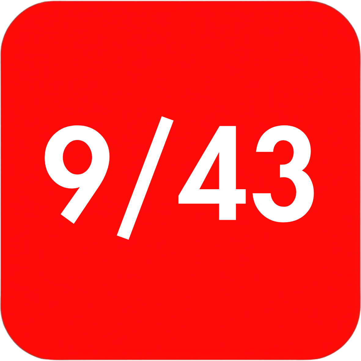 A bright red rounded square with large white text reading '9/43' centered on it.