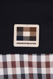 Aquascutum active logo on club check t-shirt close up of logo 