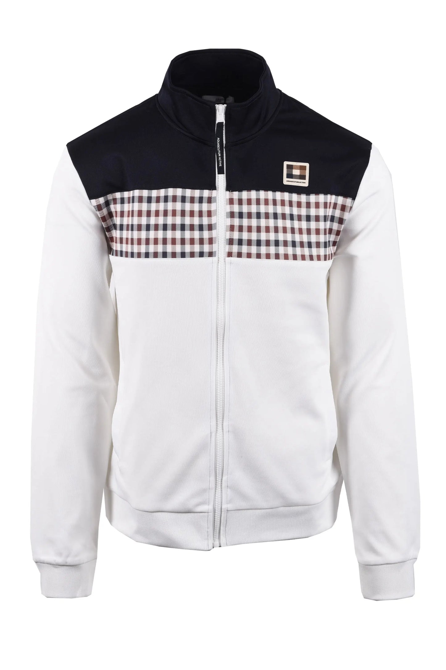 white aquascutum track top with navy and club check stripe across 