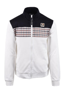 white aquascutum track top with navy and club check stripe across 