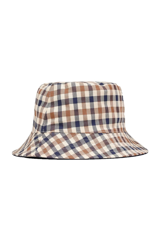 A full check Aquascutum bucket hat in a beige and navy check pattern, photographed upon a white background.