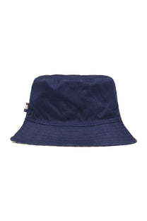 A picture of a Aquascutum bucket hat in the colour dark navy with a Aquascutum brand tag on the seam of the hat.