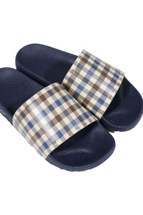Top side angle photograph of a pair of sliders from the brand Aquascutum with their iconic check pattern on the show of the slider and the sole in the colour navy.