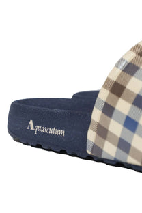 Side picture of the Aquascutum branded sole on a pair of sliders in the colour navy.