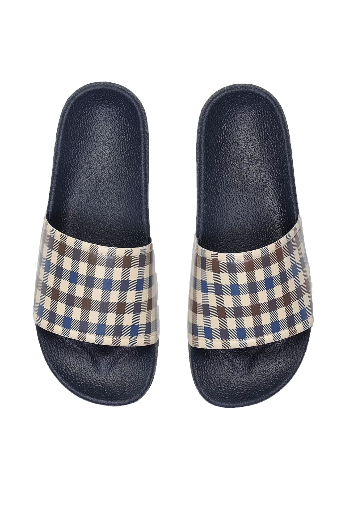 A picture of a top view of the iconic Aquascutum club check sliders or flip flops.