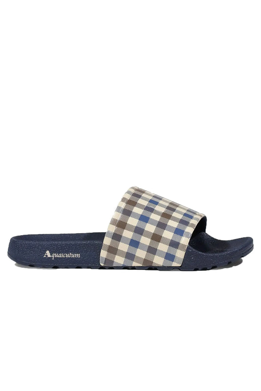 Side profile picture of a pair of the iconic Aquascutum sliders, featuring the club check pattern in the toe with the navy sole with the Aquascutum branding in white on top