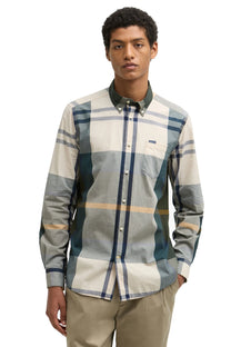 The front view of a man wearing a Harris shirt in ancient tartan.