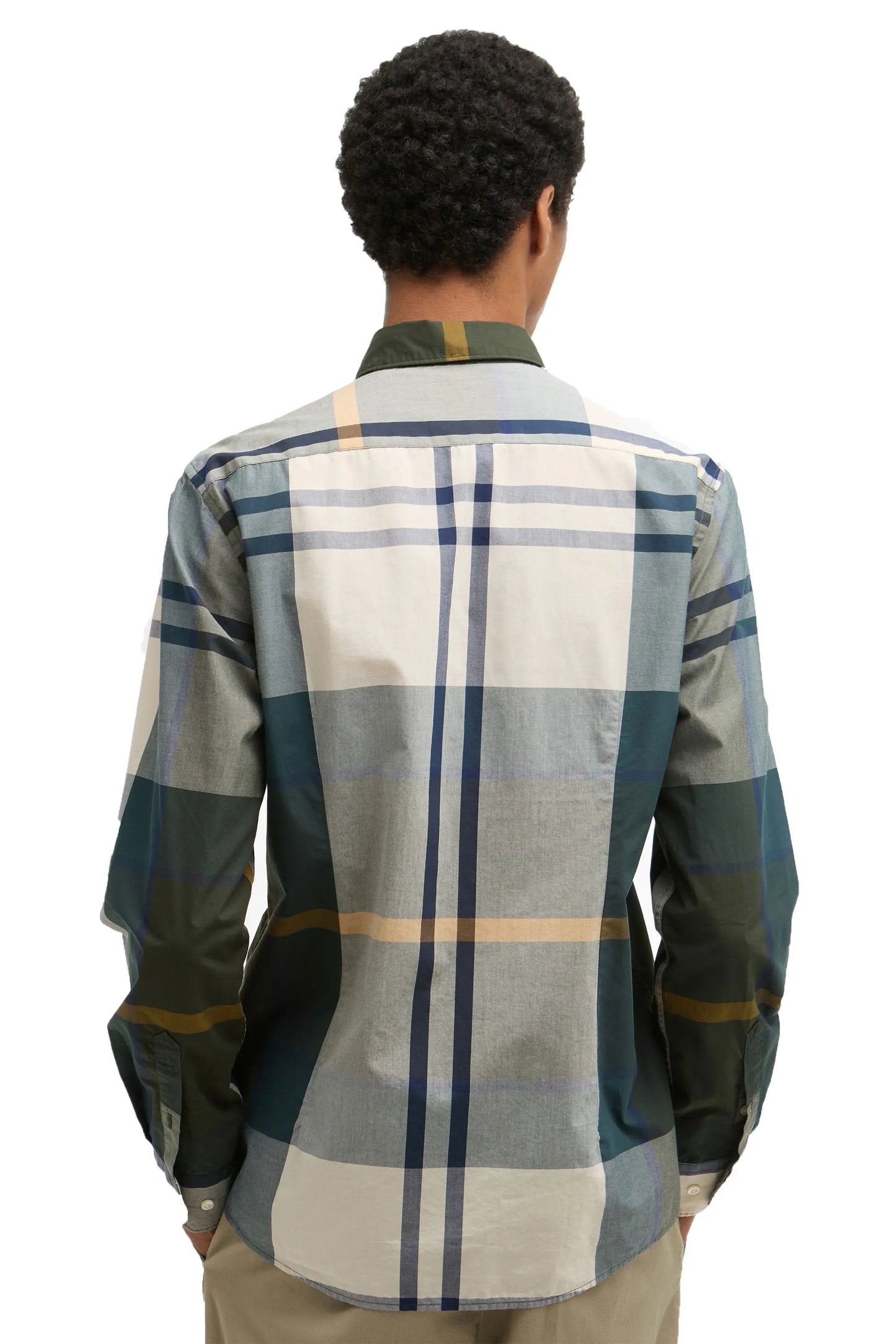 The behind view of a man wearing a Barbour Harris shirt in tartan.
