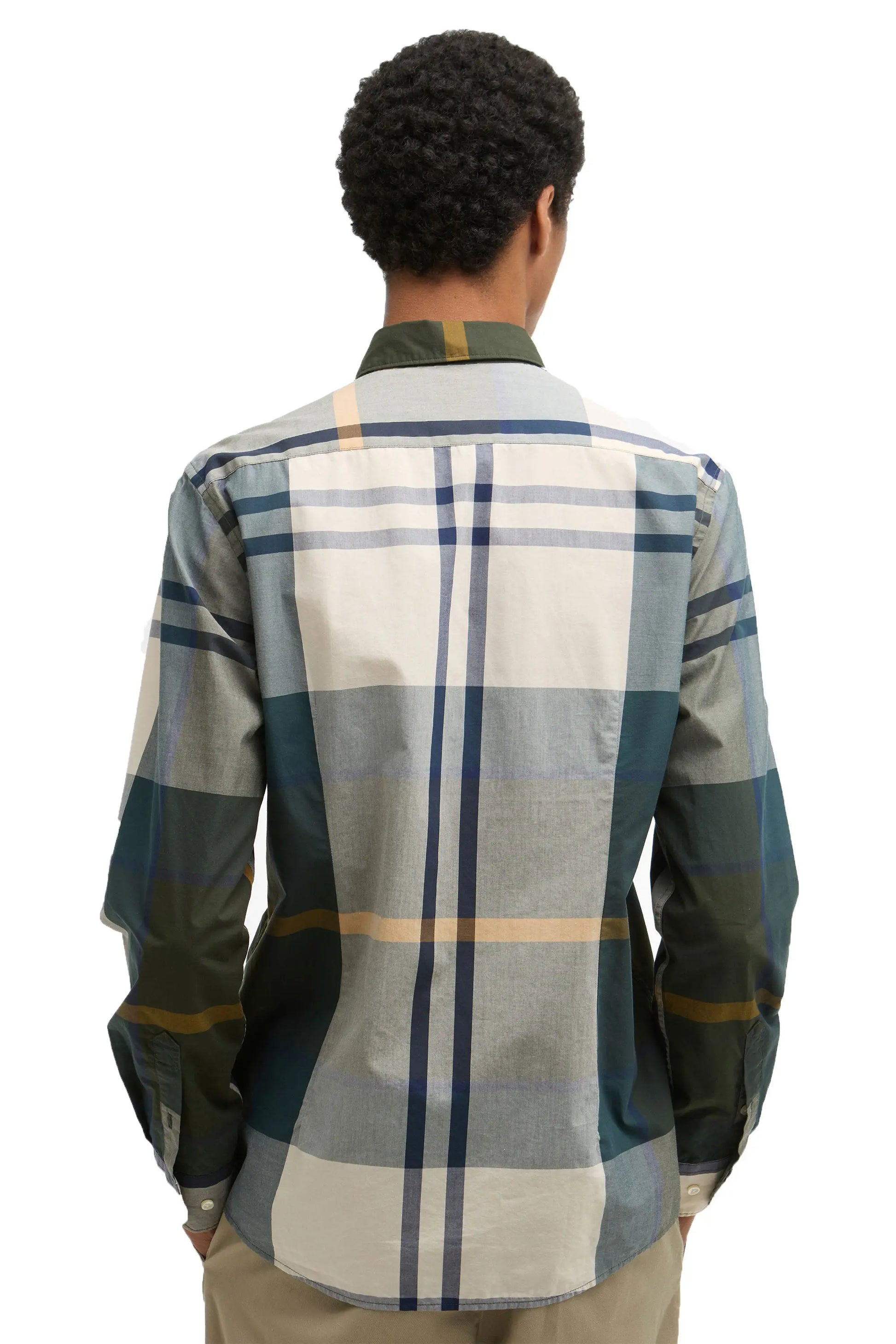 The behind view of a man wearing a Barbour Harris shirt in tartan.