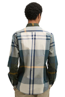 The behind view of a man wearing a Barbour Harris shirt in tartan.