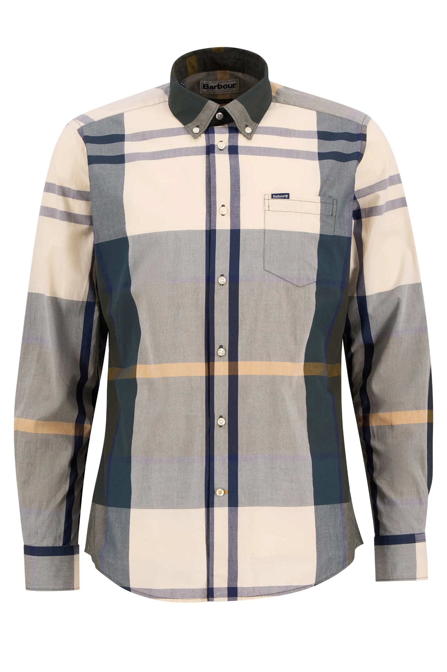 A picture of a Barbour tartan shirt with a front chest pocket and a Barbour branded tab upon the chest pocket.