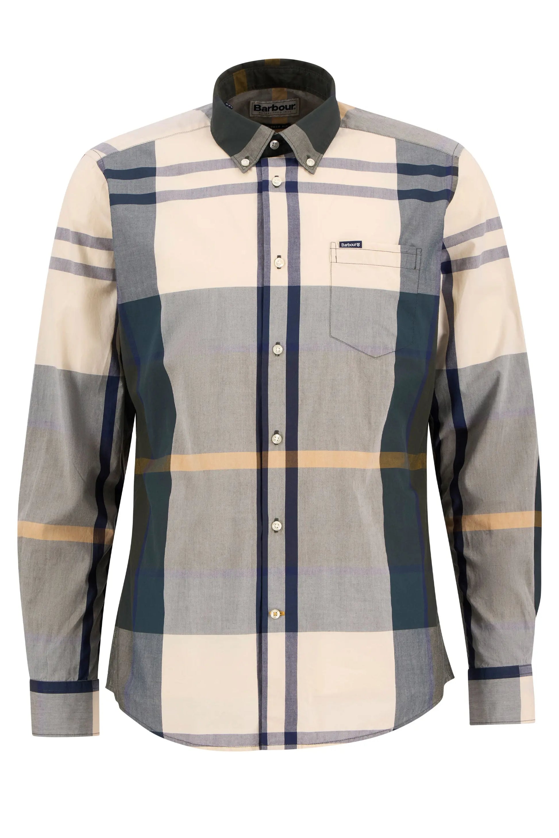 A picture of a Barbour tartan shirt with a front chest pocket and a Barbour branded tab upon the chest pocket.