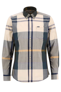 A picture of a Barbour tartan shirt with a front chest pocket and a Barbour branded tab upon the chest pocket.