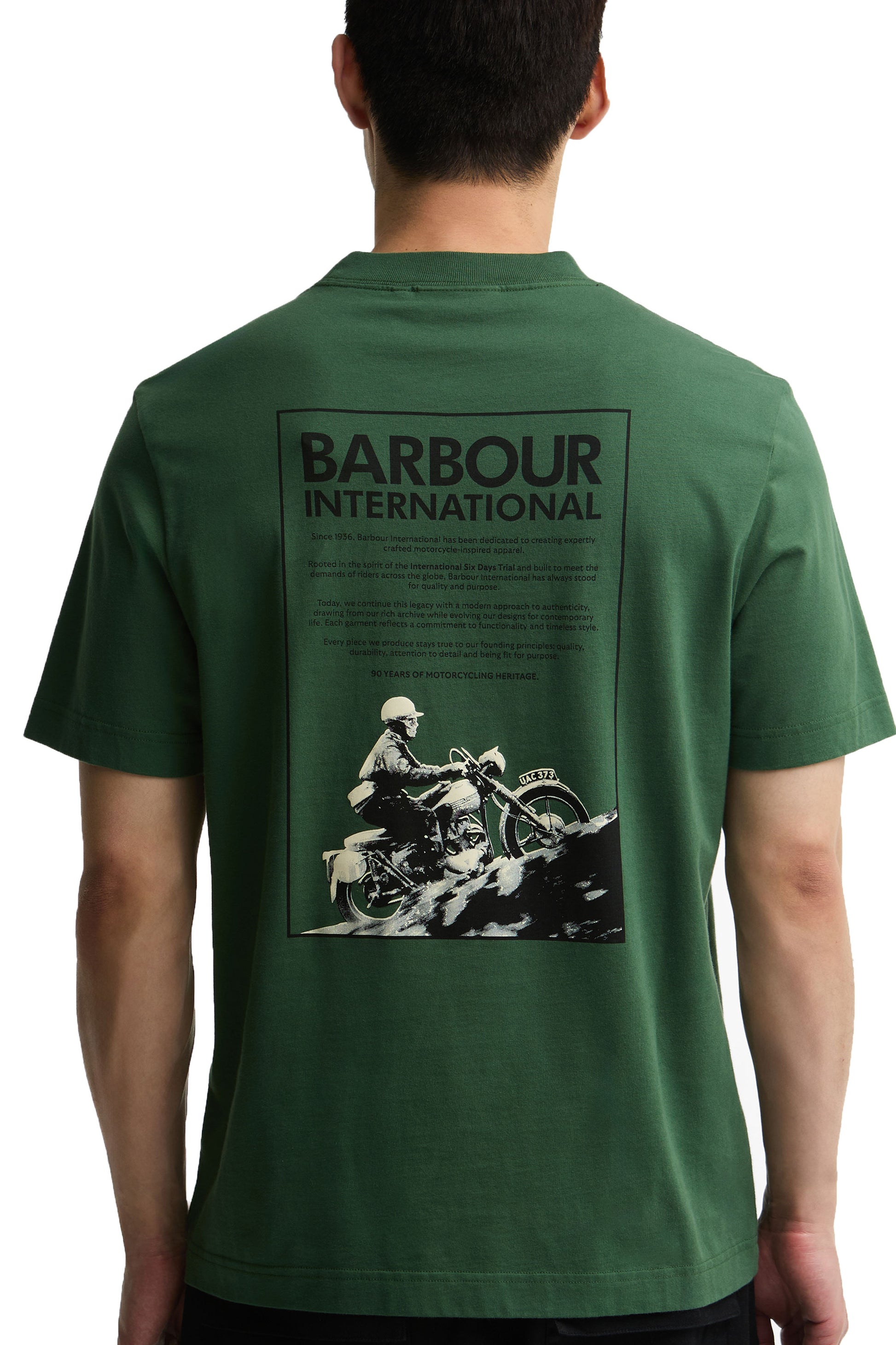 BARBOUR INTERNATIONAL 90TH ANNIVERSARY T SHIRT RACING GREEN Barbour International Michael Stewart Menswear  T-Shirts