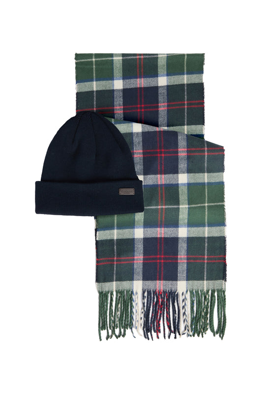 BARBOUR SWINTON & GALLINGALE GIFTSET EVERGREEN TARTAN Barbour Michael Stewart Menswear  Beanie & Scarf Set