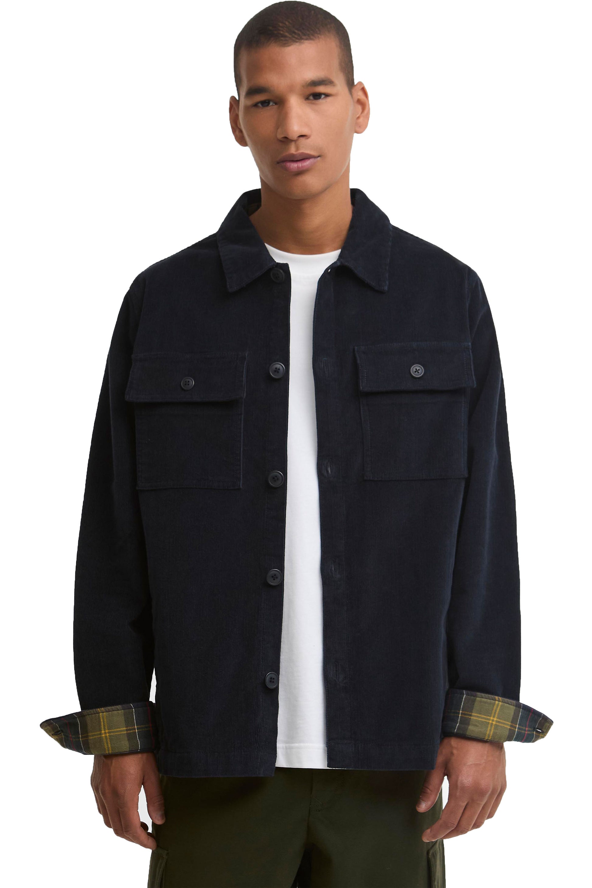 BARBOUR TARTAN TRIM CORDOUROY OVERSHIRT NAVY Barbour Michael Stewart Menswear  Overshirts