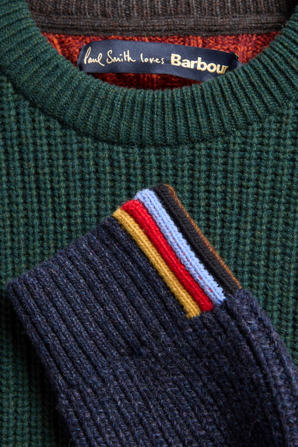 BARBOUR X PAUL SMITH CABLE TYNE JUMPER BOTTLE GREEN Barbour Michael Stewart Menswear  Knitwear