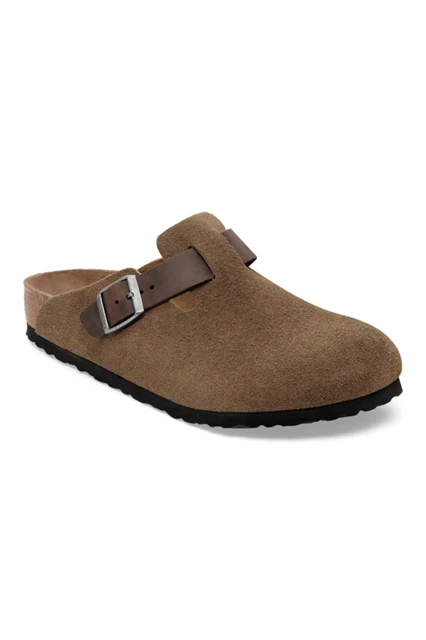 Side profile picture of a pair of Birkenstock Boston leather clogs in a dark tea colour. Shows the branded Birkenstock buckle on the side of the clog.