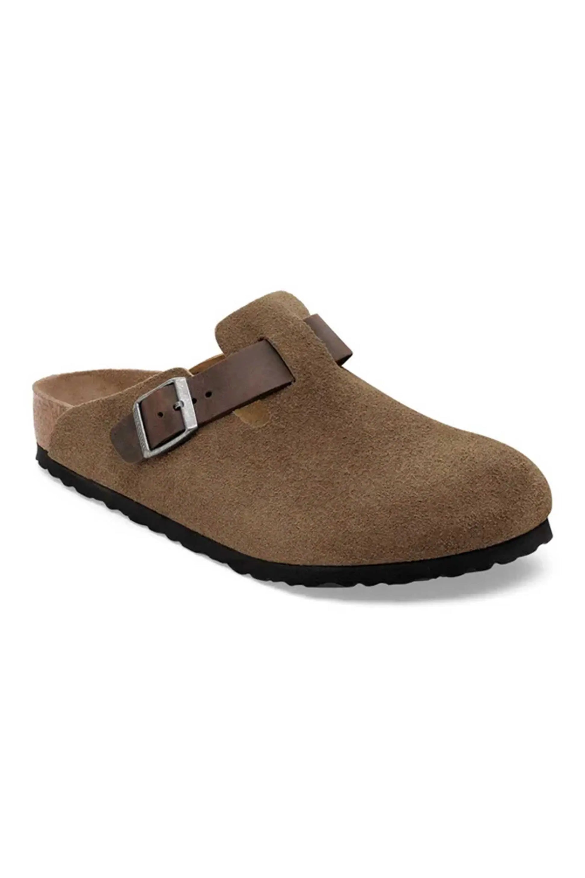 Side profile picture of a pair of Birkenstock Boston leather clogs in a dark tea colour. Shows the branded Birkenstock buckle on the side of the clog.
