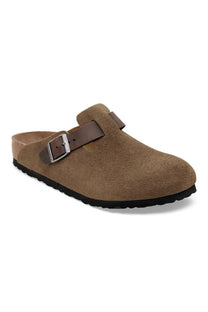 Side profile picture of a pair of Birkenstock Boston leather clogs in a dark tea colour. Shows the branded Birkenstock buckle on the side of the clog.