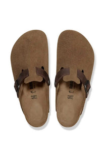 Birds eye view picture of a pair of leather Birkenstock Boston clogs in a dark tea colour.