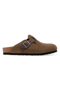 Full side profile picture of the leather Birkenstock Boston clogs in the colour dark tea shows the branded buckle up fastening and the cork sole.